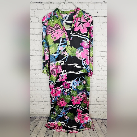 N NATORI | floral flower split hem stretch satiny flowy caftan - Picture 2 of 10